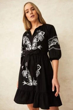 F&F Black Contrast Embroidery Mini Dress