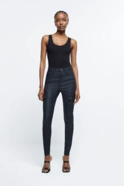 River Island Black Skinny Cargo Coated Jeans