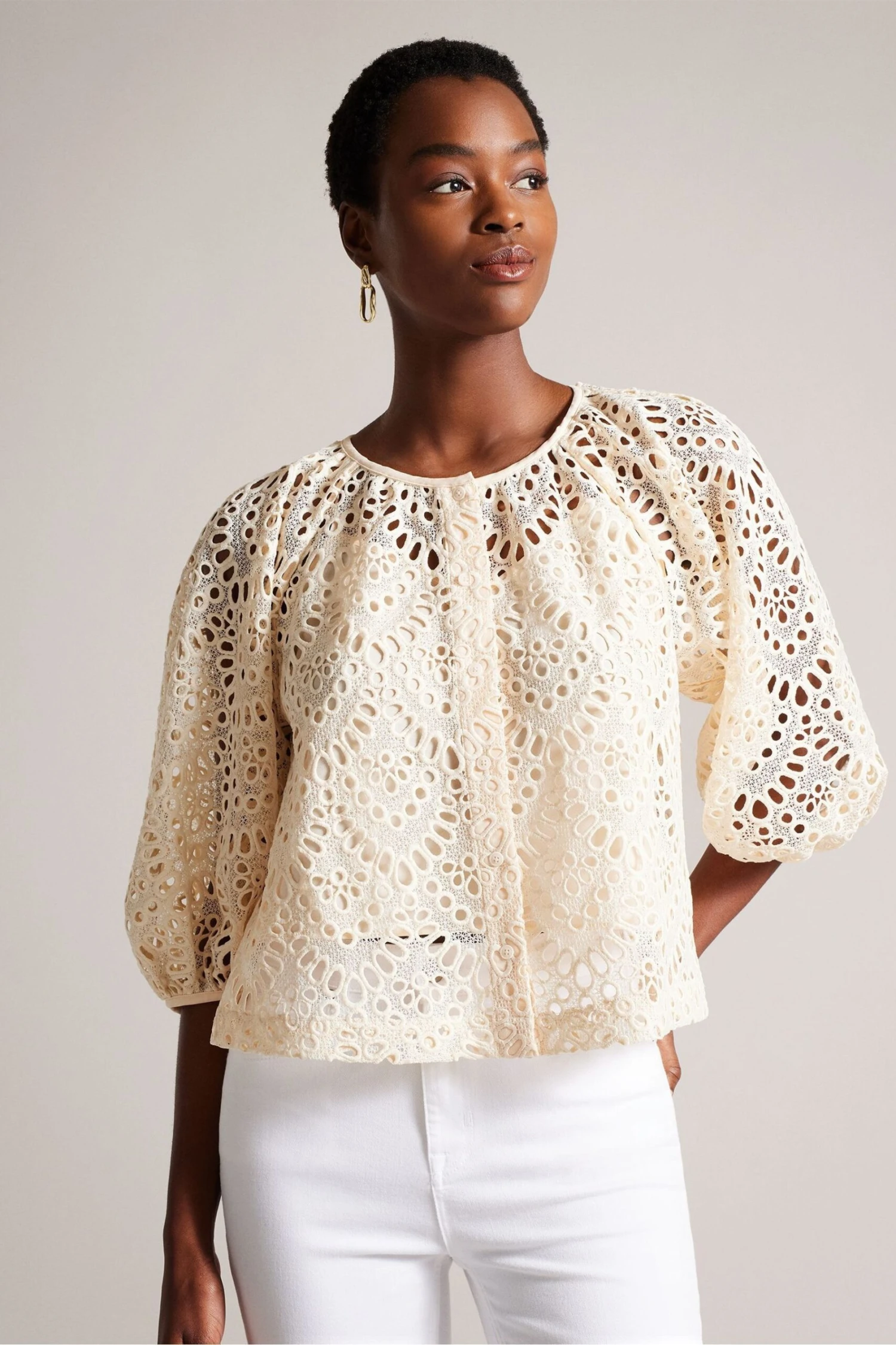 Ted Baker Elaraa Crochet Puff Sleeve White Blouse 3 Ted Baker Elaraa Crochet Puff Sleeve White Blouse