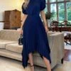 AX Paris Navy Blue High Neck Puff Sleeve Zig Zag Hem Pleated Midi Dress -Outlet Mode Zyra Store 434827s