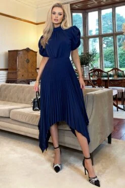AX Paris Navy Blue High Neck Puff Sleeve Zig Zag Hem Pleated Midi Dress