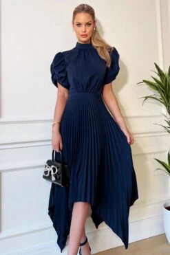 AX Paris Navy Blue High Neck Puff Sleeve Zig Zag Hem Pleated Midi Dress -Outlet Mode Zyra Store 434827s4
