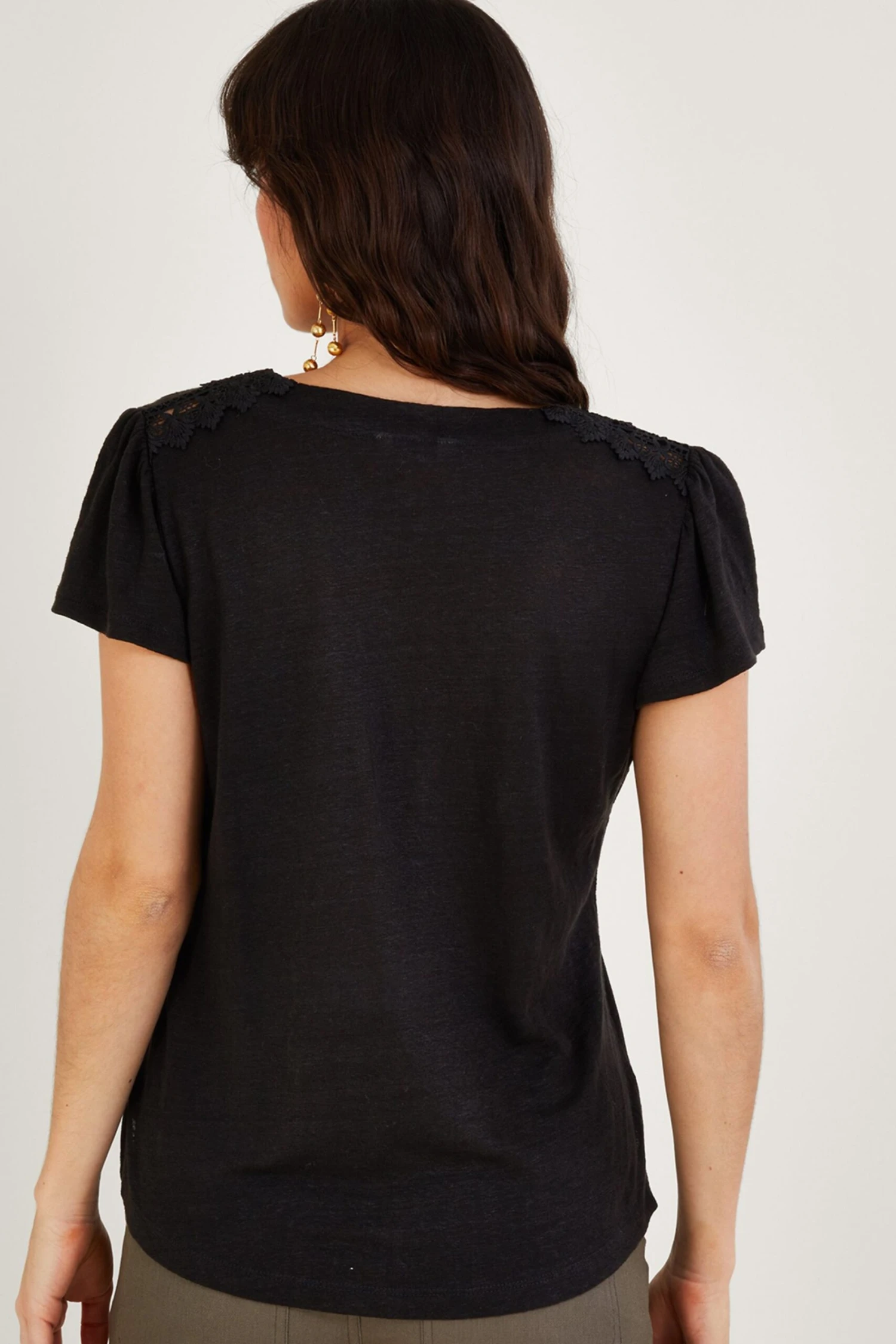 Monsoon Lace V-Neck Short Sleeve Black Top In Linen Blend 4 Monsoon Lace V-Neck Short Sleeve Black Top In Linen Blend - Image 2