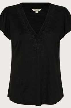 Monsoon Lace V-Neck Short Sleeve Black Top In Linen Blend 9 Monsoon Lace V-Neck Short Sleeve Black Top In Linen Blend -Outlet Mode Zyra Store 538476s4