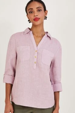 Monsoon Purple Pocket Detail Collared Linen Shirt