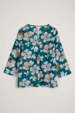 Seasalt Cornwall Teal Blue Watercolour Sketch 3/4 Sleeve Top -Outlet Mode Zyra Store 564386s4