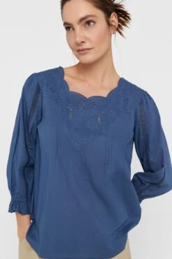 Cortefiel Blue Embroidered Blouse