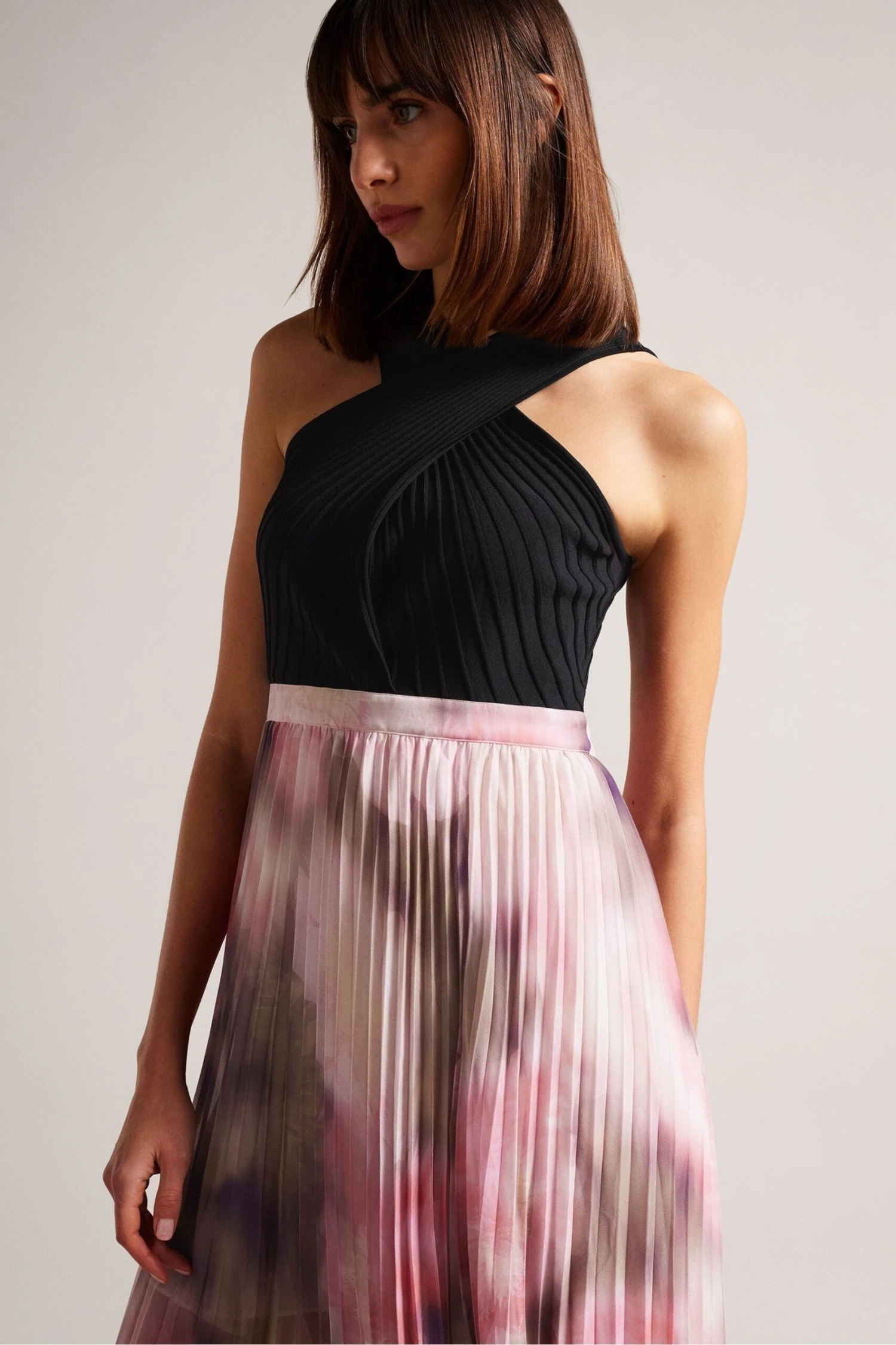 Ted Baker Pink Loulous Coral Cross Front Pleated Dress With Knit Bodice 6 Ted Baker Pink Loulous Coral Cross Front Pleated Dress With Knit Bodice - Image 4