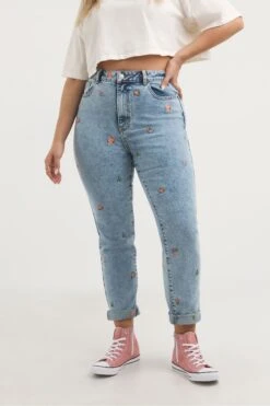Simply Be Blue Light Wash Floral Embroidered Slim Mom Jeans