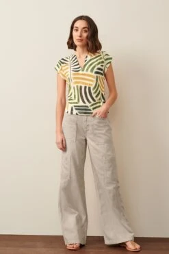 Next Ecru Tropical Print Plisse Notch Neck Top -Outlet Mode Zyra Store C08 149s3