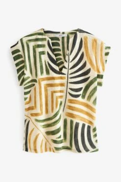 Next Ecru Tropical Print Plisse Notch Neck Top -Outlet Mode Zyra Store C08 149s6