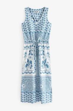 Next Sleeveless Midi V-Neck Slub Dress -Outlet Mode Zyra Store C23 695s4