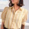 Next Yellow And Cream Metallic Stripe Short Sleeve Shirt