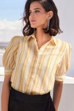 Next Yellow And Cream Metallic Stripe Short Sleeve Shirt