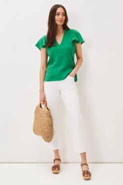 Phase Eight Green Efa V-Neck Linen Blouse