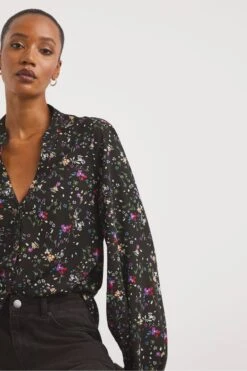 JD Williams Floral Print Volume Sleeve Black Blouse -Outlet Mode Zyra Store C91119s4