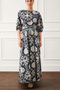 Next Navy Blue/White Large Scale Floral Contrast Print Elasticated Waist Drawstring Full Midi Skirt