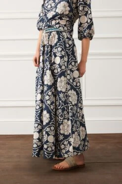 Next Navy Blue/White Large Scale Floral Contrast Print Elasticated Waist Drawstring Full Midi Skirt -Outlet Mode Zyra Store D15859s3