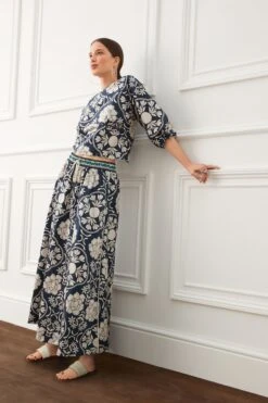 Next Navy Blue/White Large Scale Floral Contrast Print Elasticated Waist Drawstring Full Midi Skirt -Outlet Mode Zyra Store D15859s4