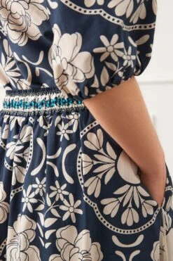 Next Navy Blue/White Large Scale Floral Contrast Print Elasticated Waist Drawstring Full Midi Skirt -Outlet Mode Zyra Store D15859s5