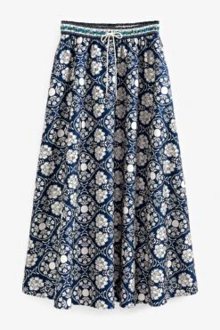Next Navy Blue/White Large Scale Floral Contrast Print Elasticated Waist Drawstring Full Midi Skirt -Outlet Mode Zyra Store D15859s6