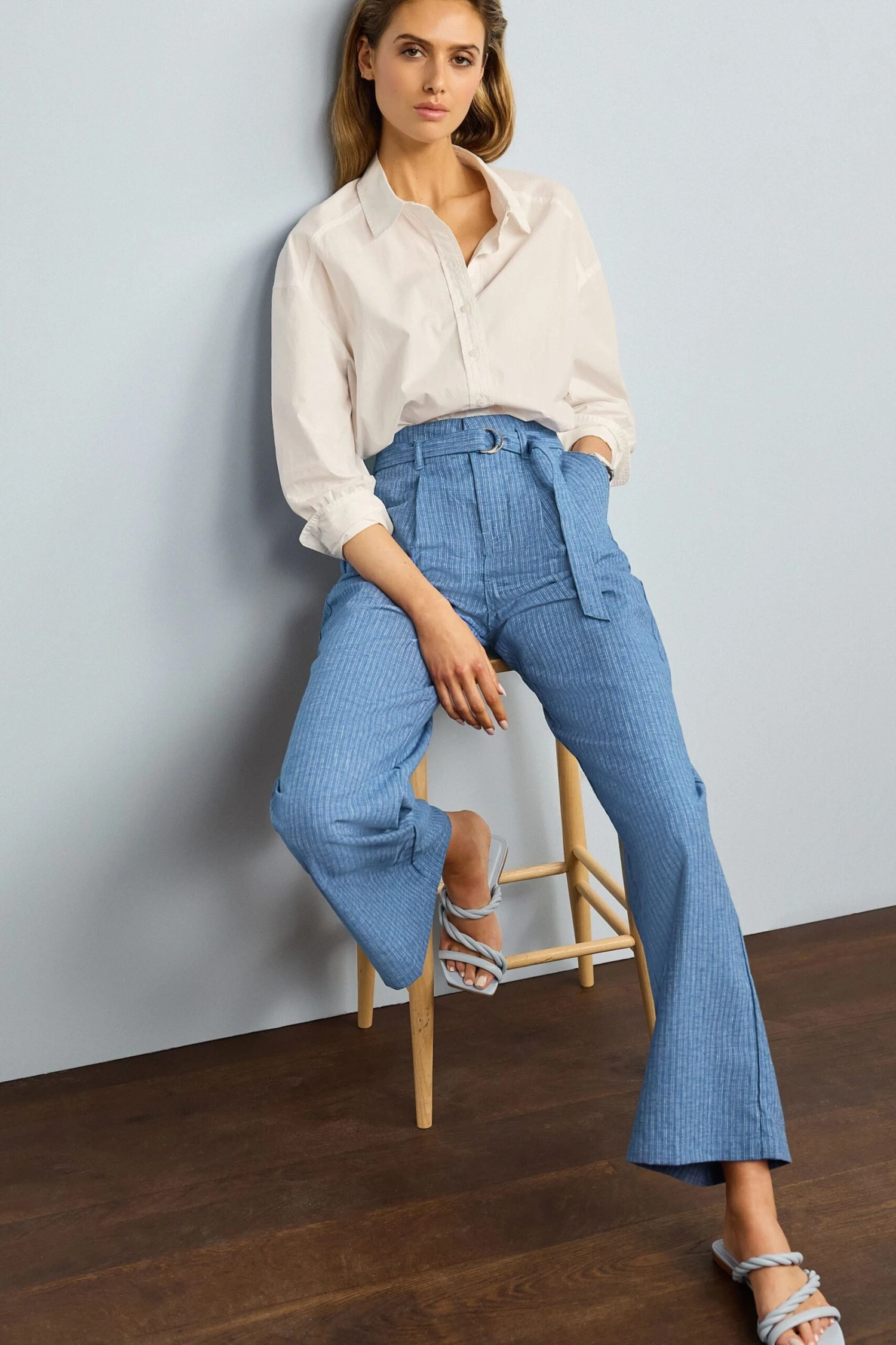 Next Blue Stripe Linen Blend Wide Leg Trousers 4 Next Blue Stripe Linen Blend Wide Leg Trousers - Image 2