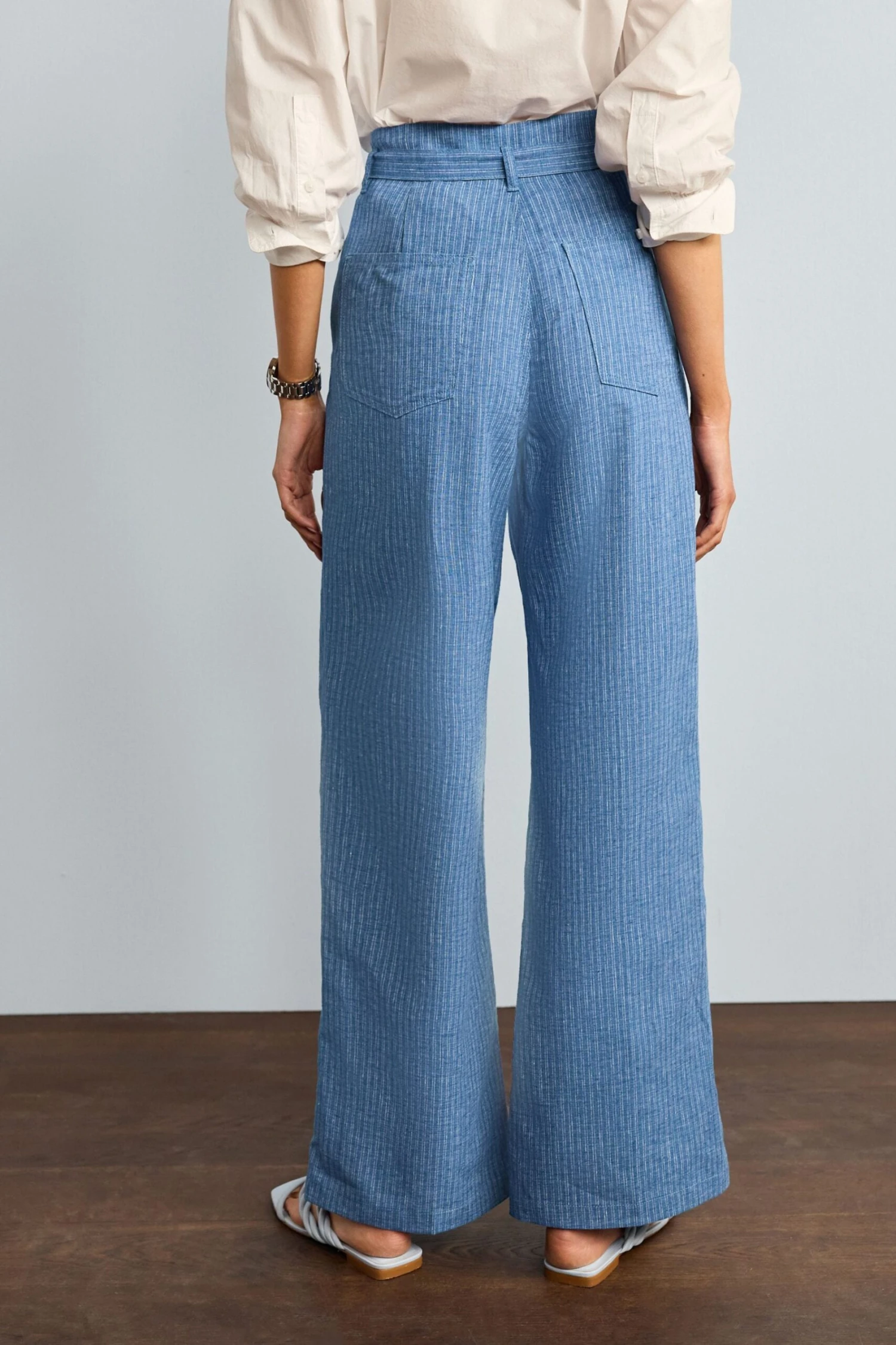 Next Blue Stripe Linen Blend Wide Leg Trousers 6 Next Blue Stripe Linen Blend Wide Leg Trousers - Image 4
