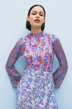 Olivia Rubin Blue Floral Priscilla High Neck Midi Dress -Outlet Mode Zyra Store D74543s3