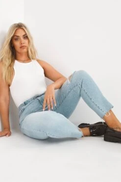 Simply Be Blue Slim Mom Jeans Single Busted Knee 9 Simply Be Blue Slim Mom Jeans Single Busted Knee -Outlet Mode Zyra Store D88 565s4