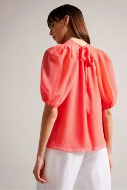 Ted Baker Pink Natelie Coral Boxy Top With Puff Sleeves -Outlet Mode Zyra Store D89311s2