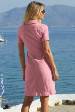 Sosandar Short Sleeve Zip Front Denim Dress With Pockets -Outlet Mode Zyra Store K10303s3