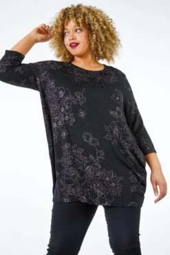 Roman Curve Shimmer Floral Print Top