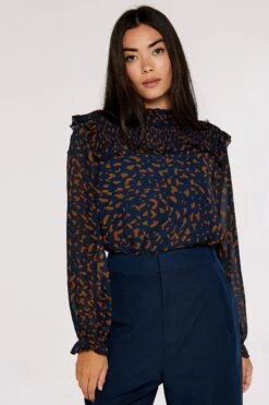 Apricot Animal Chiffon Smock Neck Top