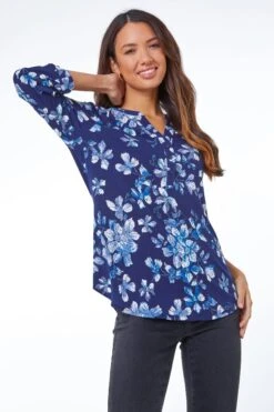 Roman Floral Print Notch Neck Stretch Shirt
