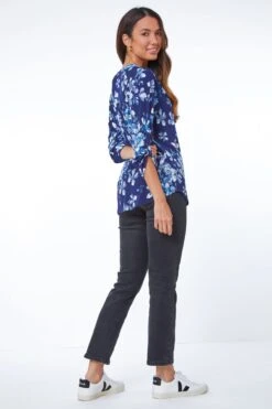 Roman Floral Print Notch Neck Stretch Shirt -Outlet Mode Zyra Store K24289s3