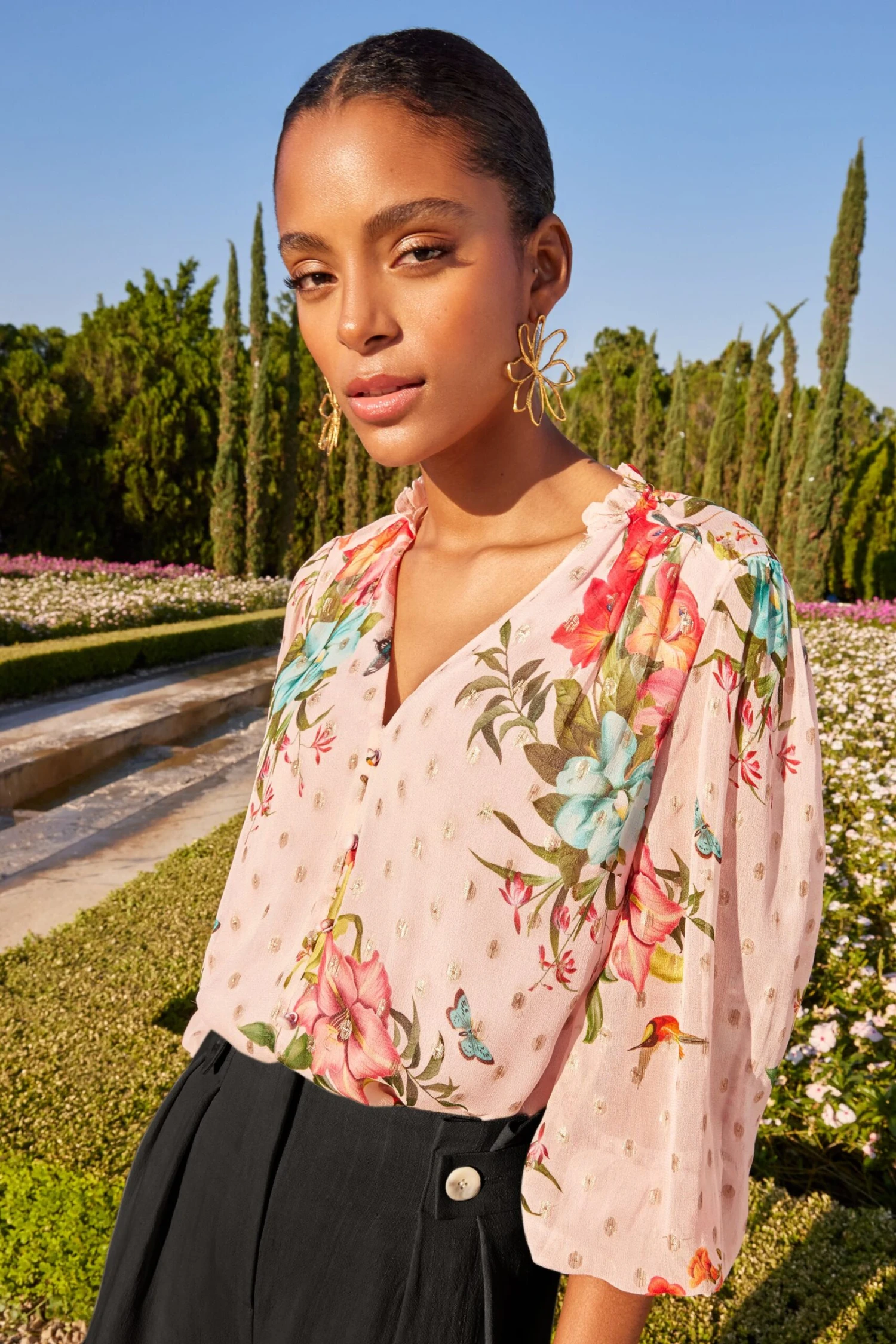 V&A L Love & Roses Printed Ruffle Frill Neck Metallic Blouse 3 V&A L Love & Roses Printed Ruffle Frill Neck Metallic Blouse