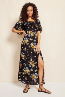 Friends Like These Flutter Sleeve Square Neck Ruched Split Maxi Dress