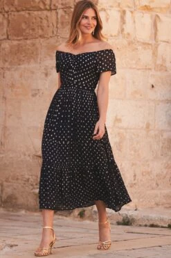 Sosandar Lurex Spot Bardot Midi Dress