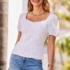 Sosandar Linen Sweetheart Puff Sleeve Fitted Top -Outlet Mode Zyra Store K62836s