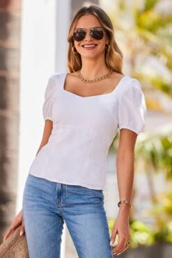 Sosandar Linen Sweetheart Puff Sleeve Fitted Top
