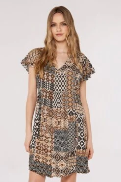 Apricot Ikat Tribal Ruffle Sleeve Dress