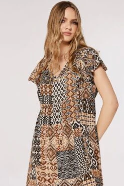 Apricot Ikat Tribal Ruffle Sleeve Dress -Outlet Mode Zyra Store K64620s3