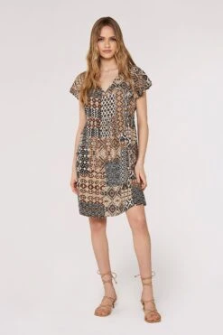 Apricot Ikat Tribal Ruffle Sleeve Dress -Outlet Mode Zyra Store K64620s4