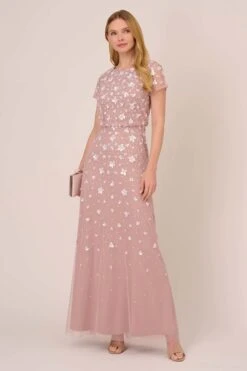 Adrianna Papell Pink 3D Beaded Long Dress -Outlet Mode Zyra Store M93082s3