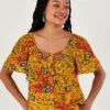 Monsoon Yellow Floral And Palm Print Short Sleeve Top In LENZING™ ECOVERO™ -Outlet Mode Zyra Store N01366s
