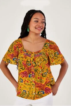 Monsoon Yellow Floral And Palm Print Short Sleeve Top In LENZING™ ECOVERO™