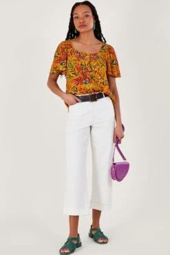 Monsoon Yellow Floral And Palm Print Short Sleeve Top In LENZING™ ECOVERO™ -Outlet Mode Zyra Store N01366s3