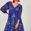 Monsoon Blue Floral And Bird Below Knee Dress -Outlet Mode Zyra Store N42962s