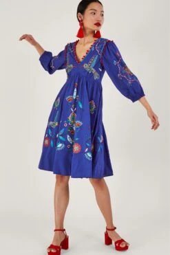 Monsoon Blue Floral And Bird Below Knee Dress -Outlet Mode Zyra Store N42962s3