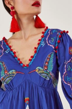 Monsoon Blue Floral And Bird Below Knee Dress -Outlet Mode Zyra Store N42962s4